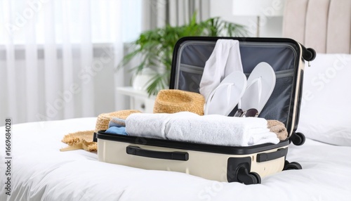 Traveler Packing Luggage in a Luxury Hotel Room with Suitcase, Clothes, and Travel Accessories on a Comfortable Bed for Holiday, Journey, or Business Trip Promotion
