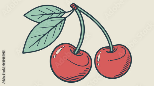 Illustration of two red cherries with green leaves and stems on a light background design element