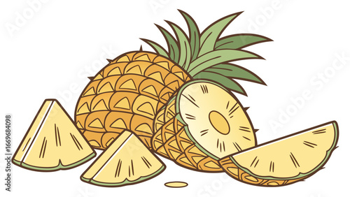 Illustration of whole and sliced pineapple with green leaves and textured skin on a white background