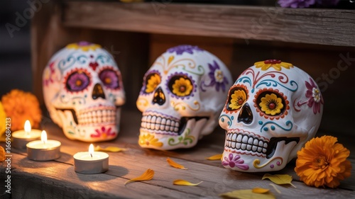 Three colorful sugar skulls decorated with floral patterns and lit by candles, set on a wooden surface with fallen leaves, evoking the day of the dead celebration