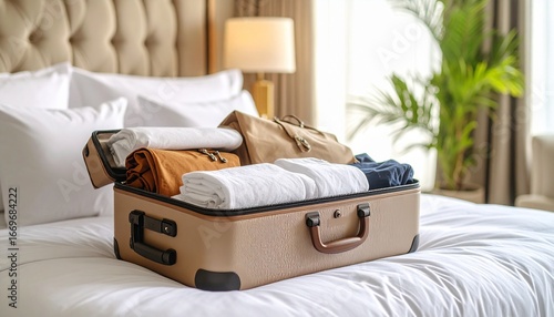 Open Suitcase with Traveler’s Luggage, Clothes, and Accessories on a Luxury Hotel Bed in an Elegant Room Perfect for Travel, Vacation, and Tourism Concepts
