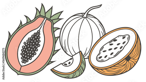 Illustration of a dragon fruit half, a melon, and a slice of cantaloupe, all arranged together nicely