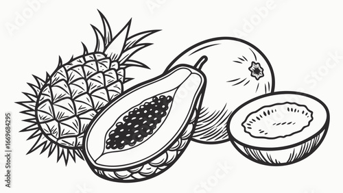 Illustration of a pineapple, a halved papaya with seeds, and a melon with a cut melon piece