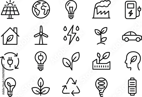 Eco friendly energy sources and sustainability icons for renewable power and green technology usage
