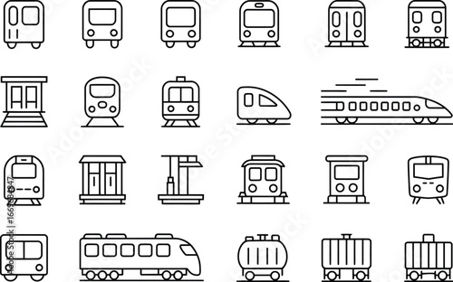Trains subway transport public transportation railway station icons vector illustration set line art