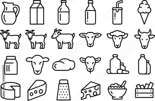 Dairy products vector icons set milk cheese goat sheep cow ice cream and other dairy food illustrations
