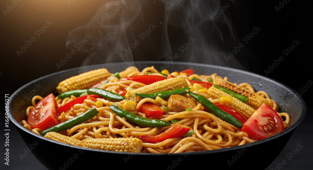 Fototapeta premium Delicious and Steaming Asian Noodles with Fresh Vegetables.