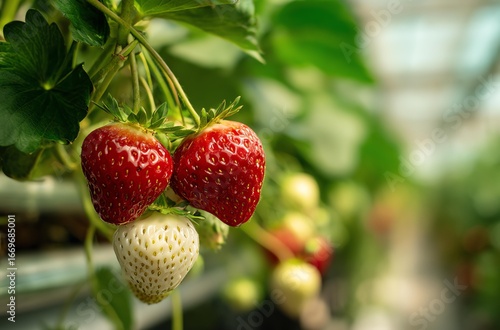 Bright fresh strawberries hanging from lush green plants in a vibrant garden showcasing ripe juicy and naturally grown fruit ideal for healthy eating and food markets