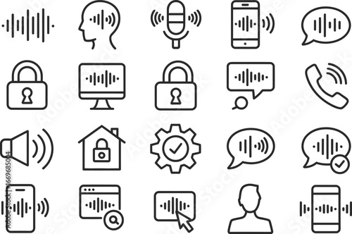 Voice recognition technology icons set vector illustration for speech recognition and audio analysis