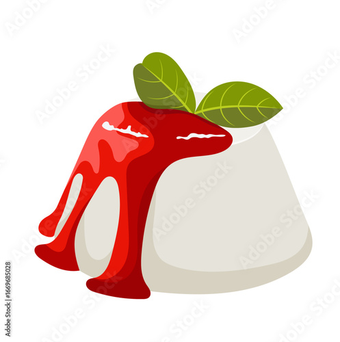 Panna Cotta with Strawberry Sauce Illustration Isolated on White Background