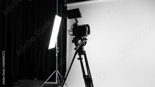 Camera on a tripod setup in a photography studio with black backdrop and illuminated light panel