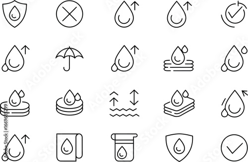 Vector waterproof icons set protection from water rain and moisture perfect for product design use