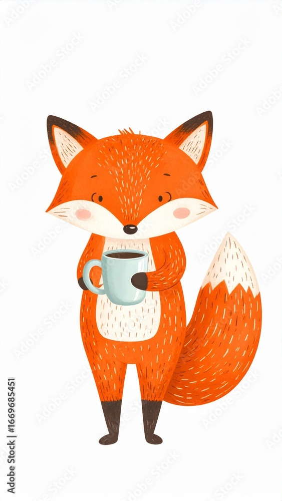 Obraz premium Cartoon Orange Fox Standing and Holding a Blue Cup Isolated on White Background