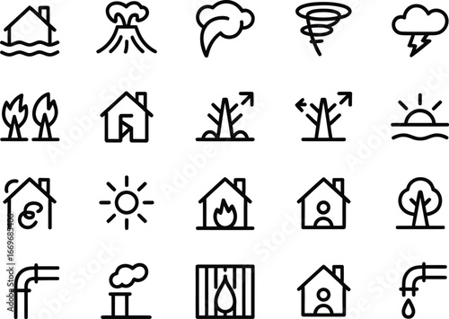 Natural disaster icons set vector illustration of flood volcano tornado and other climate change icons