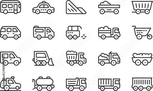 Vector icons of transportation vehicles including trucks buses and construction equipment line art style
