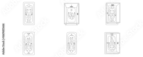 CAD-style line drawings of people lying in bathtubs or showers in top view, minimal vector illustration set for architectural plans and bathroom interior layouts