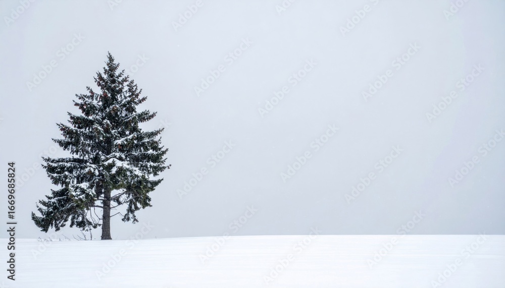 Fototapeta premium Solitary Evergreen Tree Standing in Snow Covered Field on Overcast Day