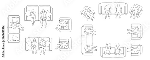 CAD-style top view outline drawings of people sitting on sofas and armchairs, minimal vector illustration set for architectural plans and interior design layouts