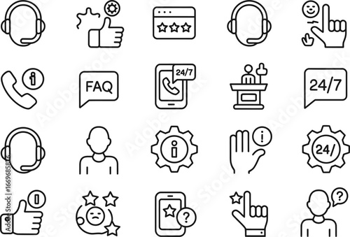Customer service support vector icon set help center assistance faq and contact us line icons collection