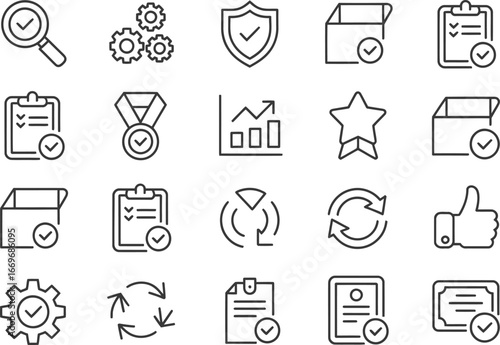 Vector icons for quality control assurance and business process management with check marks and gears