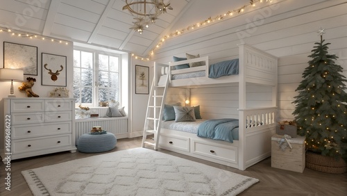 White minimalist royal class child bedroom with felt reindeer and bunk bed and ladder for US homes