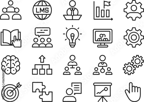 Vector icons for business training and development, learning management system and online education