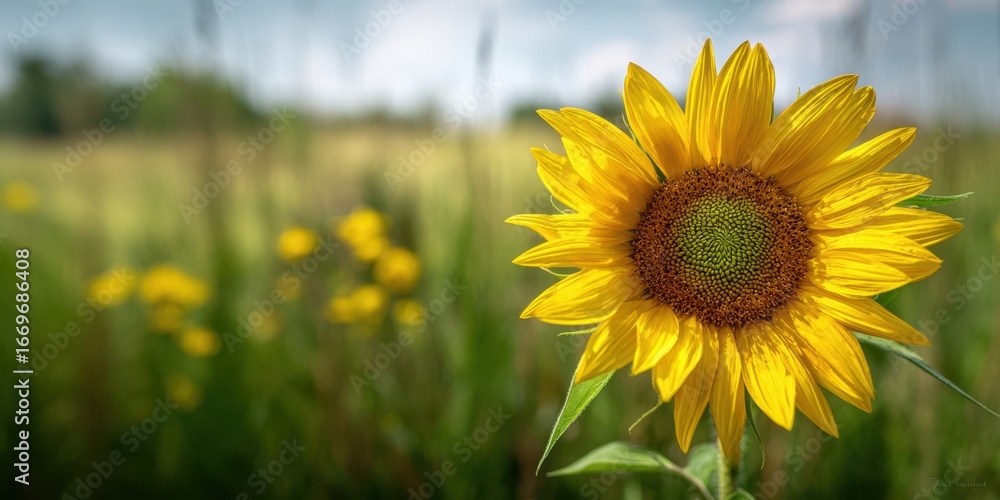 Fototapeta premium The Sunflower Standing Bright in a Blurred Green Meadow on a Sunny Day
