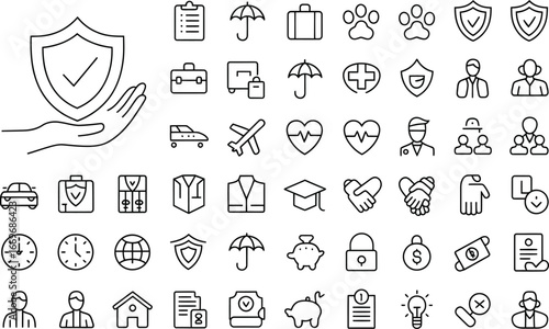Insurance policy vector icons set outline style for business finance and risk management concept