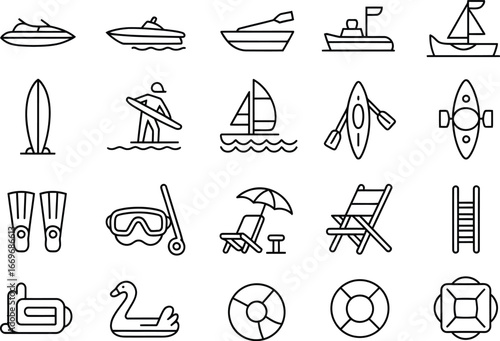 Water sports and beach activities vector icons set for summer vacation and holiday fun concept 96