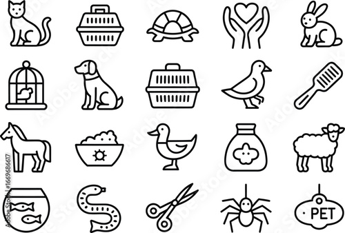 Vector icons of pets and pet care accessories for animal lovers and pet shop owners and pet industry
