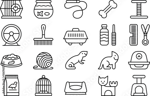 Pet supplies and accessories vector icons set for animal care and pet shop promotion and marketing use