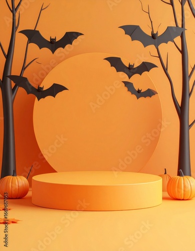 Halloween Themed Display with Pumpkins Bats and Trees in Orange Background