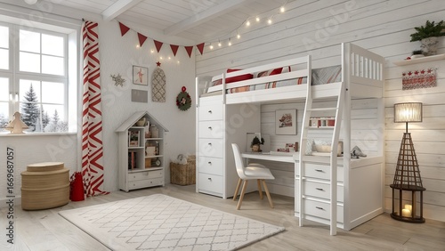 Photoreal Southern craftsman kids room in scandinavian design featuring paper lantern pendant and white and candy cane red palette