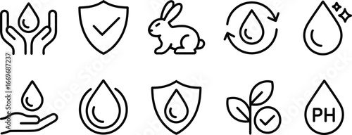 Cruelty free vegan product icons for skincare and beauty products water based ph balanced natural ingredients