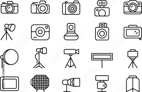 Vector photography equipment icons set for professional studio and camera accessories bundle design 96