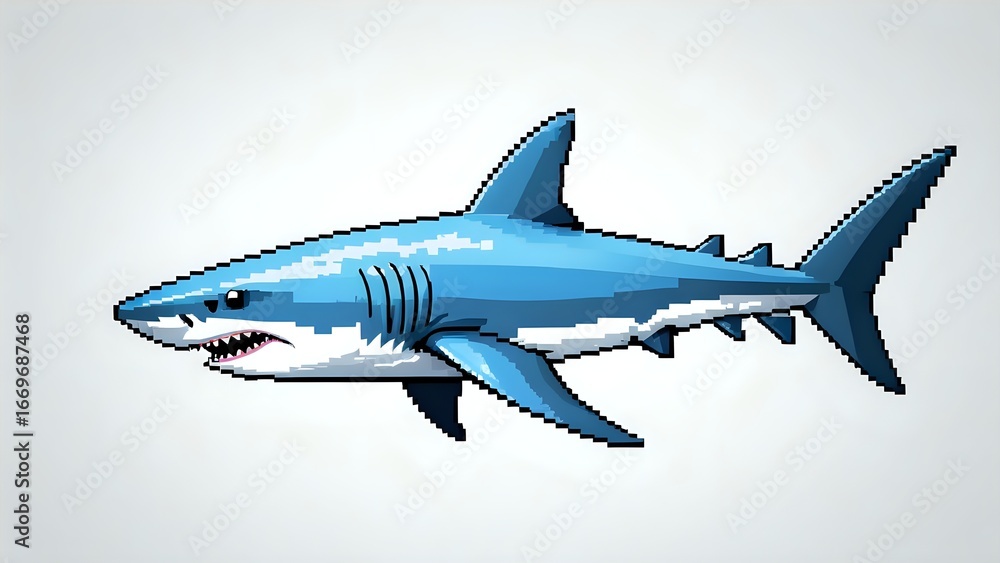 Fototapeta premium Pixel art great white shark illustration, digital painting of a fierce shark, 8-bit style marine predator.