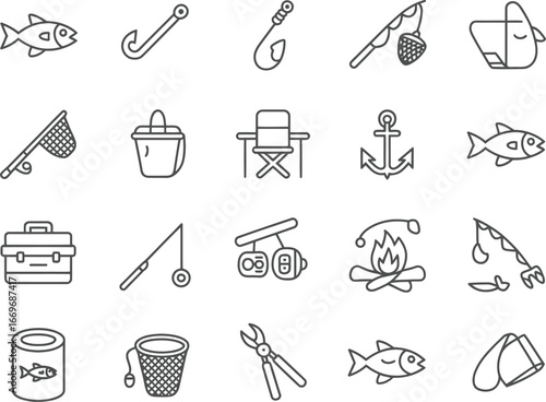 Fishing equipment icons set vector illustration for fishing rod, hook, fish, net, anchor, and more