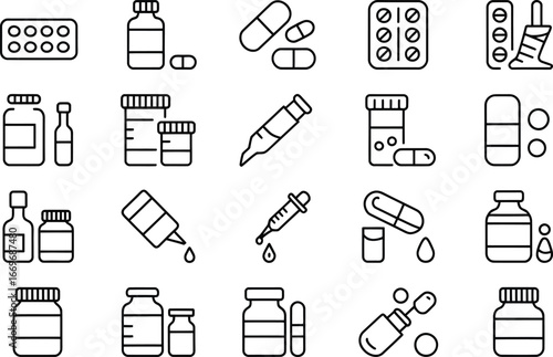 Pharmaceuticals medication and drugs icons vector set for healthcare and medical concepts design