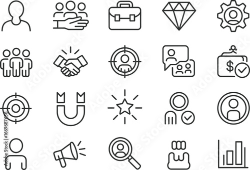 Business and human resources icons vector set for recruitment management and company growth success rate