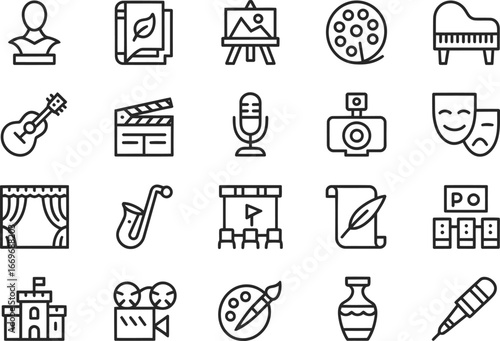 Vector art icons representing various arts and entertainment fields for graphic design projects