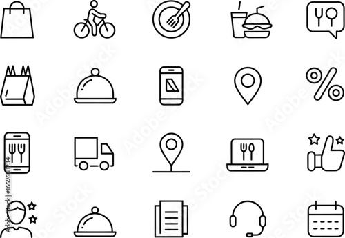 Food delivery service icons set online order mobile app fast shipping restaurant menu promotion discount