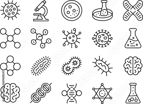 Science and medicine vector icons set research lab equipment microbiology and biotechnology elements design 96