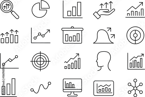 Business data analysis and statistics icons set vector illustration for presentations and reports