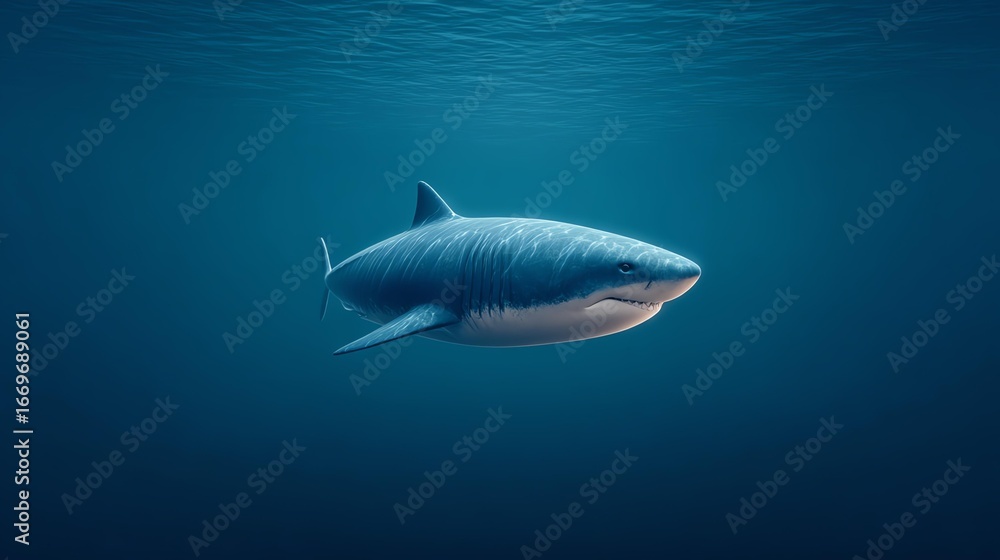 Fototapeta premium Shark powerful body concept, A majestic shark swimming gracefully in deep blue ocean waters.