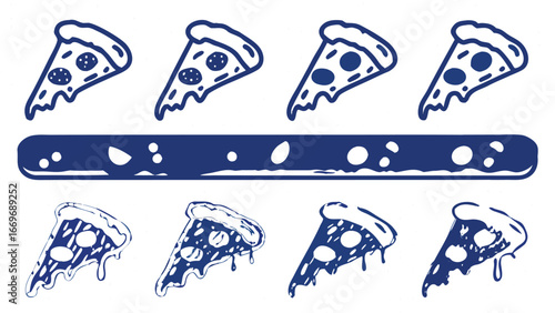 Eight pizza slices arranged in two rows separated by a dark blue rectangular shape element