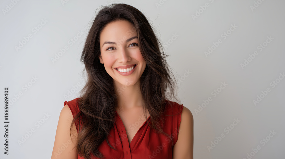 Fototapeta premium Beautiful young woman with a radiant smile cheerful expression and natural beauty in casual fashion portrait showcasing confidence and positive energy