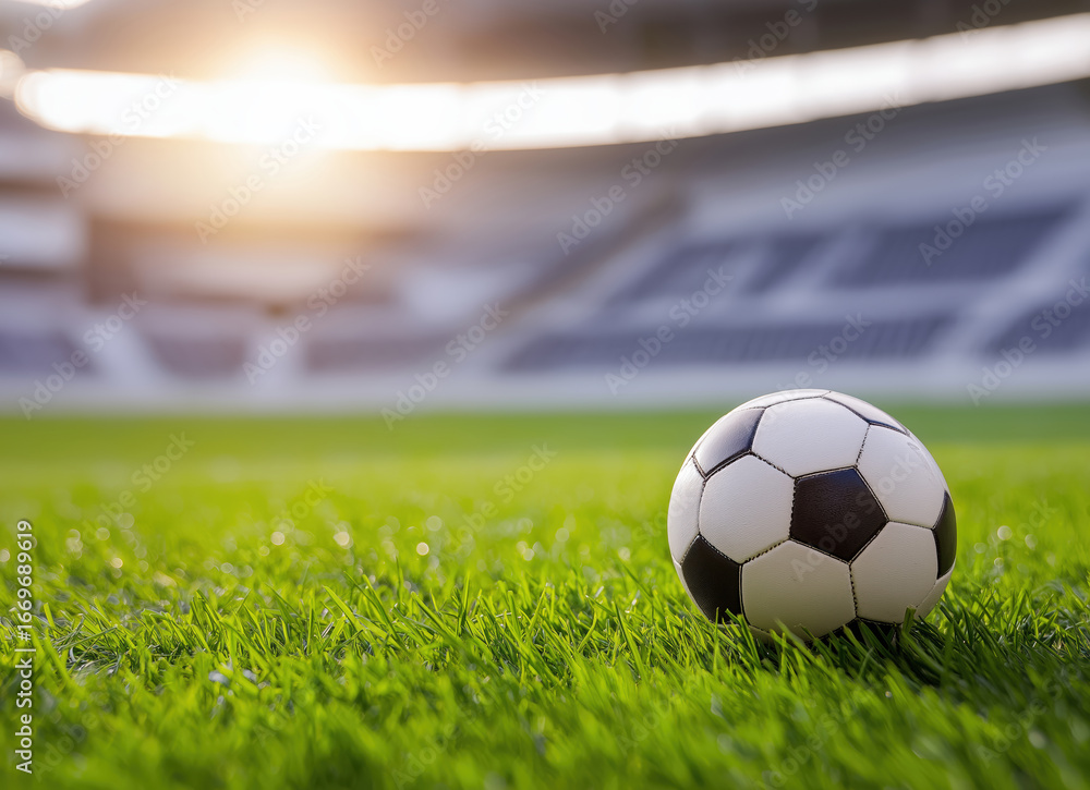 Fototapeta premium Vibrant outdoor soccer stadium with lush green field energetic players dynamic game action bright lighting enthusiastic fans and professional sports atmosphere
