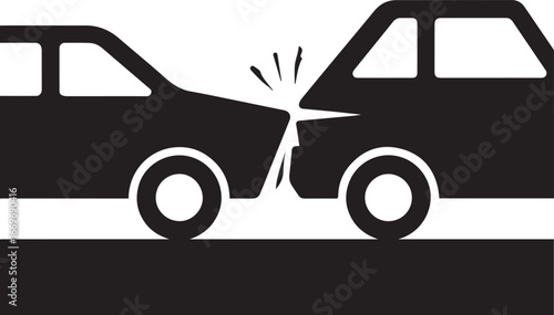 Full black silhouette logo of car accident minimal vector style, crisp edges, pure black on white background, flat clean design, high contrast, 