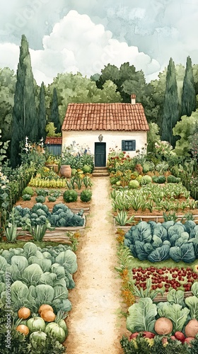 Fresh summer vegetables and fruits from a French vineyard garden are ready for a local market stall