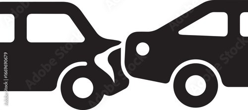 Full black silhouette logo of car accident minimal vector style, crisp edges, pure black on white background, flat clean design, high contrast, 